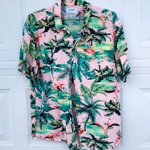Old Navy Men's Tropical Flamingo Shirt - Green and Pink
